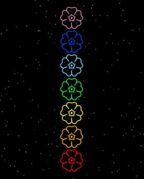 Colored flowers in chakra column by night