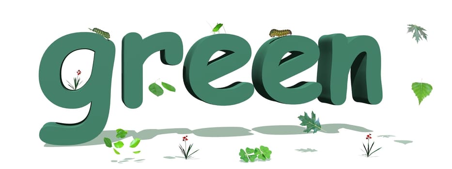 Green letters surrounded by green leaves and insects in white background