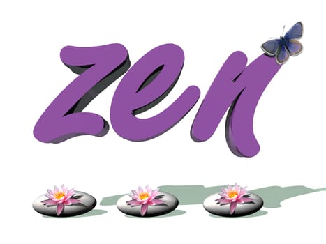 Zen violet letters with a butterfly on it and upon grey stones with lily flowers in white backgroundwhite background