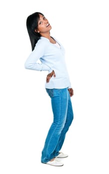 Black woman with back pain standing isolated on white background