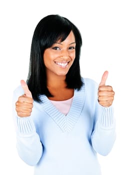 Smiling black woman giving thumbs up gesture isolated on white background