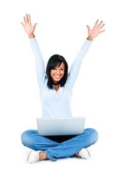 Happy black woman with arms raised and computer isolated on white background