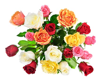 Bouquet of assorted multicolored roses from above isolated on white background