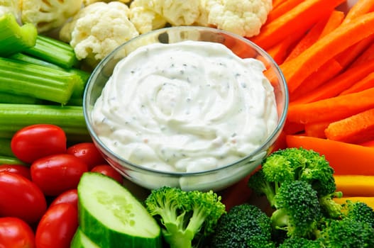 Platter of assorted fresh vegetables with dip