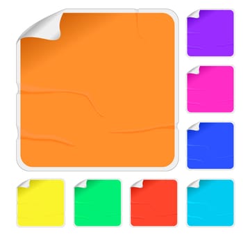 Empty color stickers with bended corners and glue marks, isolated objects over white background