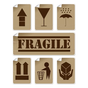 Fragile and safety badly glued stickers, isolated and grouped objects against white background