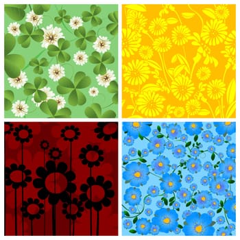 Set of four floral background, isolated and grouped objects over white