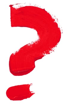 Brush drawn question mark with red watercolor paint, white isolated background