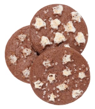 Stack of round chocolate cookies on white isolated background, top view