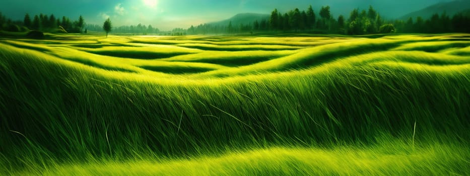 Green field, tree and blue sky.Great as a background,web banner. Generative AI