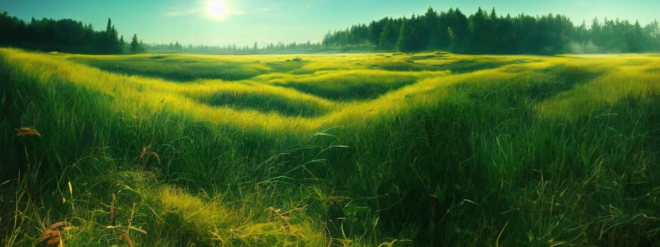 Green field, tree and blue sky.Great as a background,web banner. Generative AI