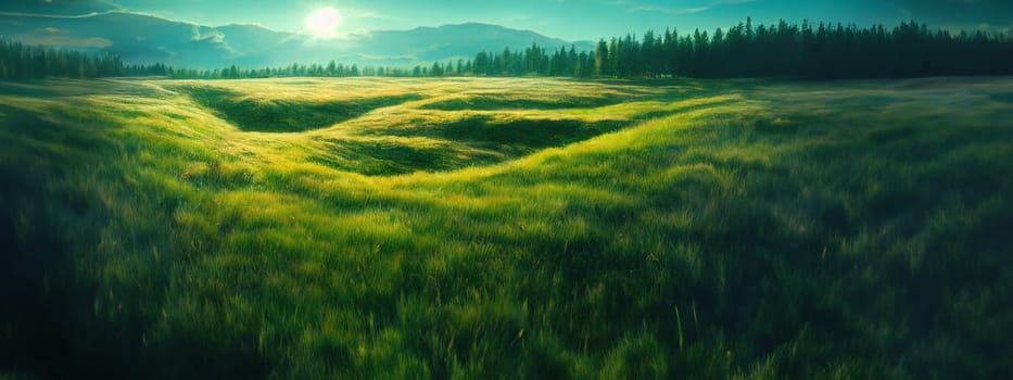 Green field, tree and blue sky.Great as a background,web banner. Generative AI