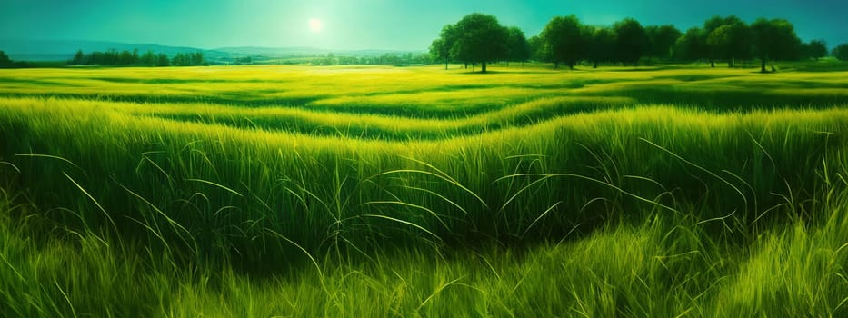 Green field, tree and blue sky.Great as a background,web banner. Generative AI