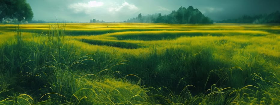 Green field, tree and blue sky.Great as a background,web banner. Generative AI