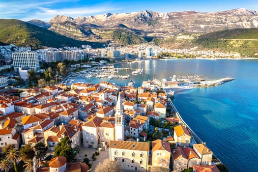 Town of Budva historic architecture aerial view, archipelago of Montenegro