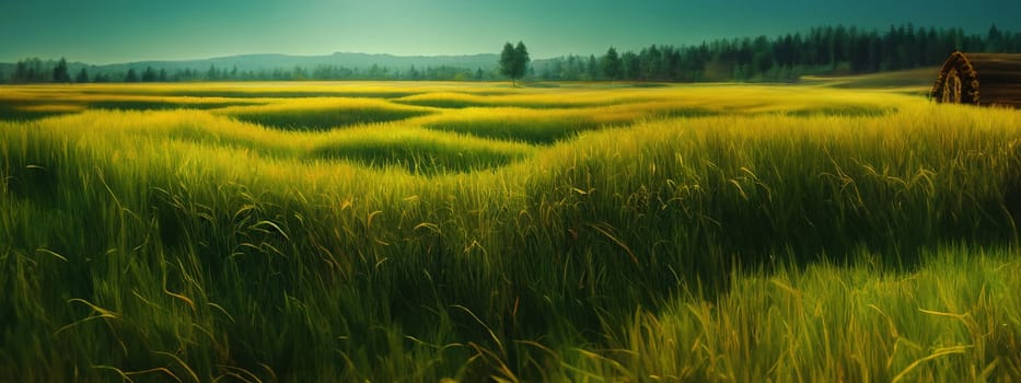 Green field, tree and blue sky.Great as a background,web banner. Generative AI