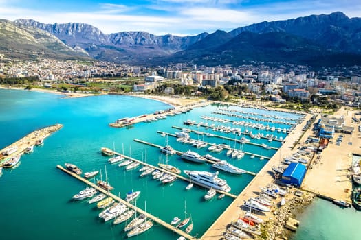 Town of Bar yachting harbor and coastline aerial view, archipelago of Montenegro