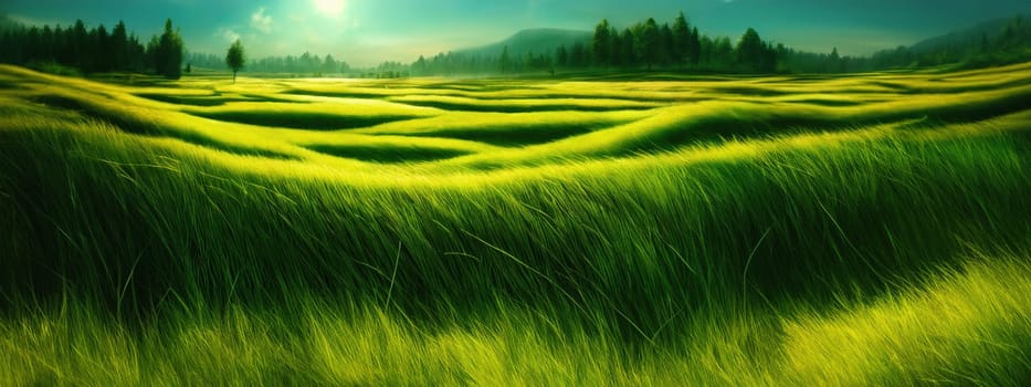 Green field, tree and blue sky.Great as a background,web banner. Generative AI