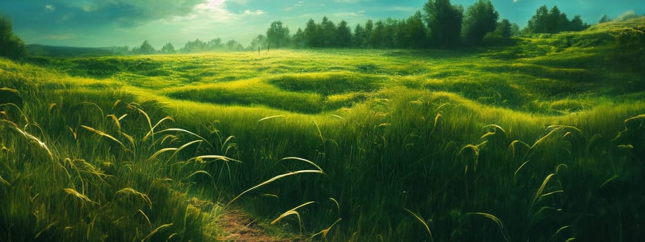 Green field, tree and blue sky.Great as a background,web banner. Generative AI