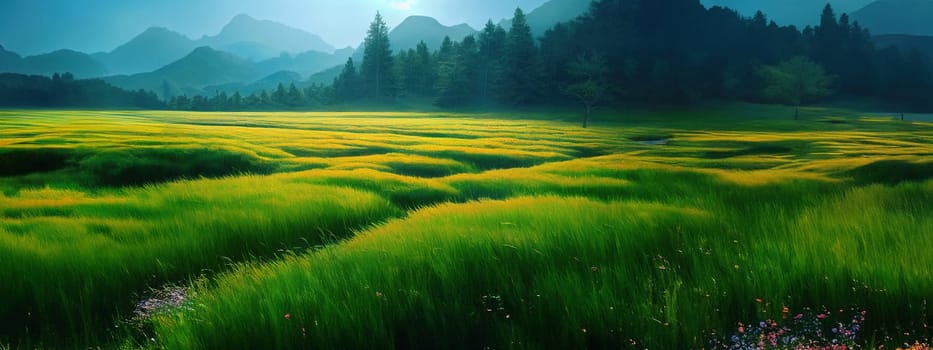 Green field, tree and blue sky.Great as a background,web banner. Generative AI