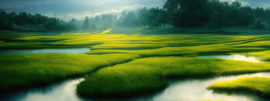 Green field, tree and blue sky.Great as a background,web banner. Generative AI