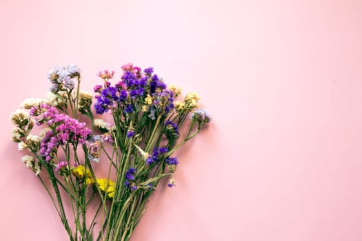 A bouquet of colorful beautiful flowers on a pink background