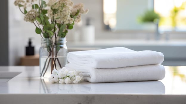 Towels on white marble desk in the foreground and blurred modern bathroom interior design at background. AI