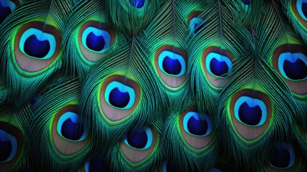 Beautiful multicolored peacock feathers, natural texture, background. Macro AI
