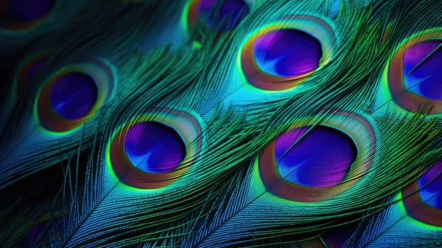 Beautiful multicolored peacock feathers, natural texture, background. Macro AI