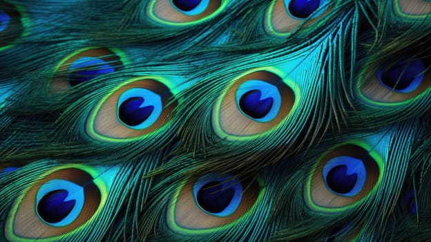 Beautiful multicolored peacock feathers, natural texture, background. Macro AI