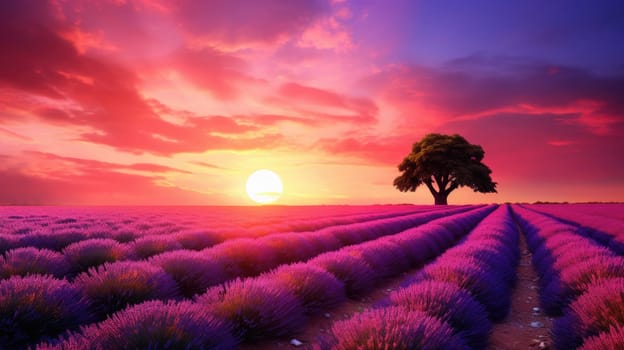 Blooming lavender fields at pink sunset. Beautiful summer landscape. Selective focus. AI