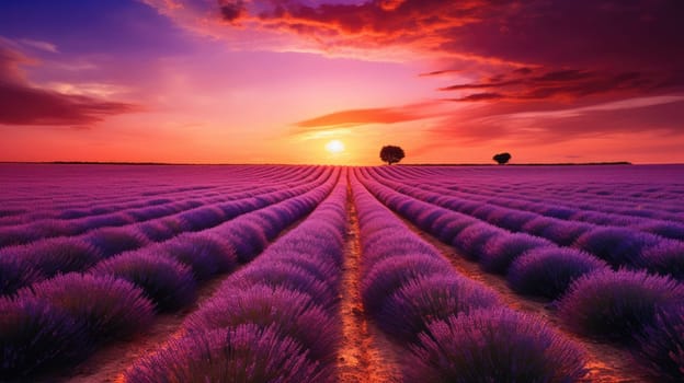 Blooming lavender fields at pink sunset. Beautiful summer landscape. Selective focus. AI
