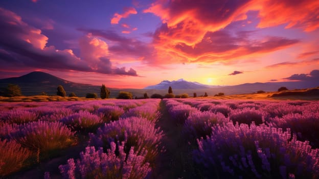 Blooming lavender fields at pink sunset. Beautiful summer landscape. Selective focus. AI