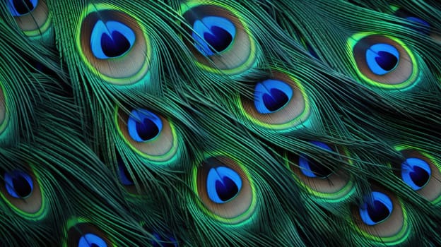 Beautiful multicolored peacock feathers, natural texture, background. Macro AI