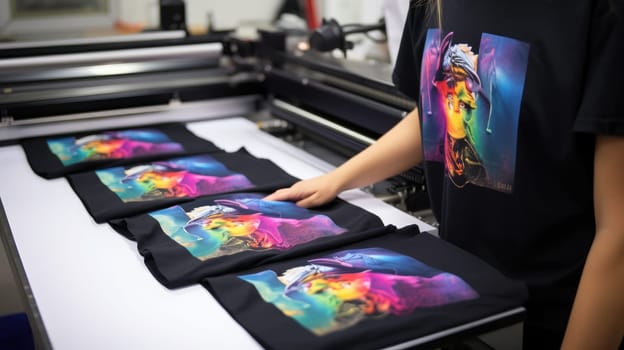 T-Shirt Printing Machine. Innovation shirt and textile printer machine. Production. Printing on fabric. AI