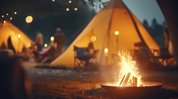 Picnic fire in the foreground is in focus. Blurred background with people and the yellow tent. AI