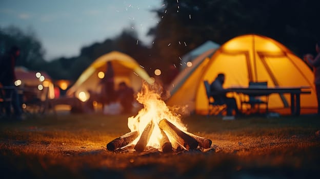 Picnic fire in the foreground is in focus. Blurred background with people and the yellow tent. AI