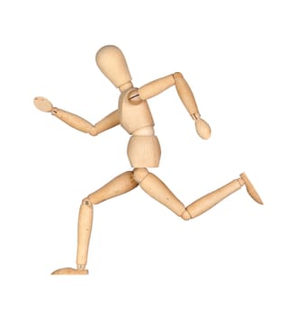 Wooden mannequin running isolated on white background
