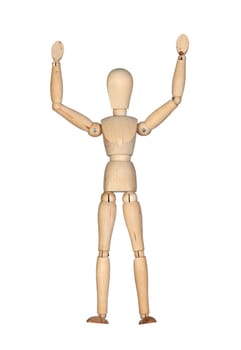 Wooden mannequin with extended arms isolated on white background