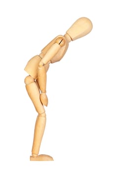 Wooden mannequin stooping isolated on white background