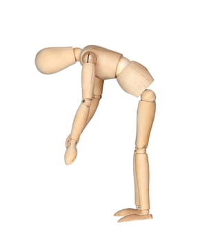 Wooden mannequin by stretching isolated on white background