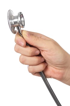 stethoscope in a hand a over to white background