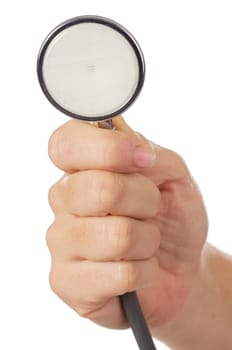 stethoscope in a hand a over to white background