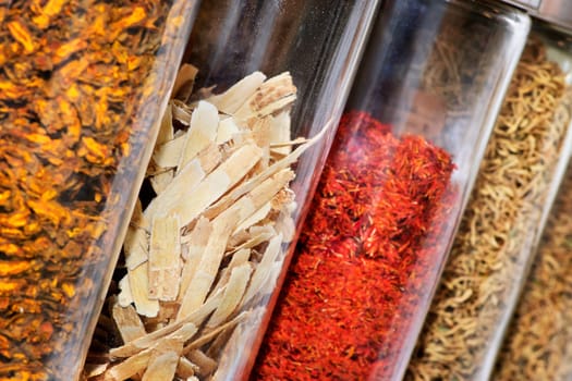 Traditional chinese medicine herbs and remedies in jars