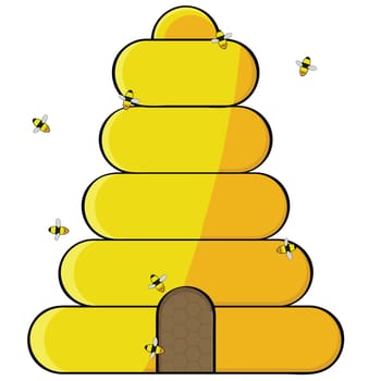 Cartoon illustration showing bees flying towards the opening of a beehive