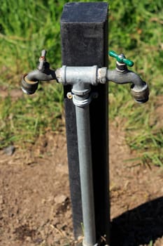 Two water faucets outdoor in a sunny garden.