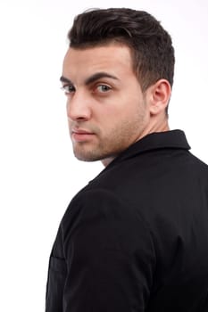 Handsome man close up portrait on white background