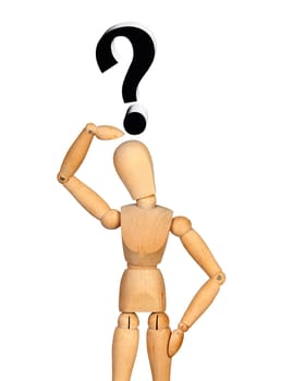 Pensive jointed wooden mannequin isolated on white background