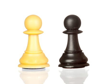Black and white pawns isolated on white background with reflection on the floor