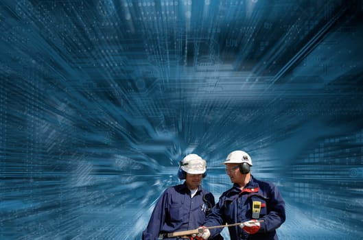 two engineers wirth a giant circuitboard as background, symbolic with nuclear power, slight zoom effect on background